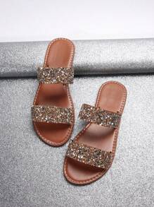 Plus Size Women's Strap Crystal Embellished Open Toe Slip On Sandals, Fashionable Casual Outdoor Beach Slides, Summer
