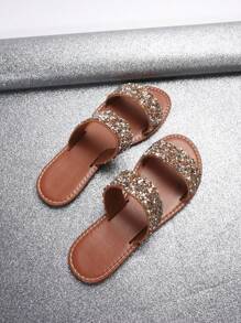 Plus Size Women's Strap Crystal Embellished Open Toe Slip On Sandals, Fashionable Casual Outdoor Beach Slides, Summer