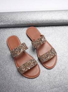 Plus Size Women's Strap Crystal Embellished Open Toe Slip On Sandals, Fashionable Casual Outdoor Beach Slides, Summer