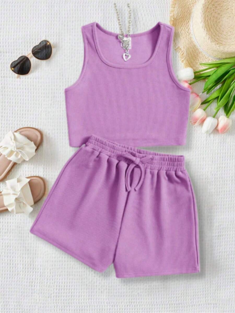 Casual Outfit For Pre-Teen Girls Containing Sleeveless Top And Loose Shorts Immediate Shipping - 淡紫色 - 查看 1