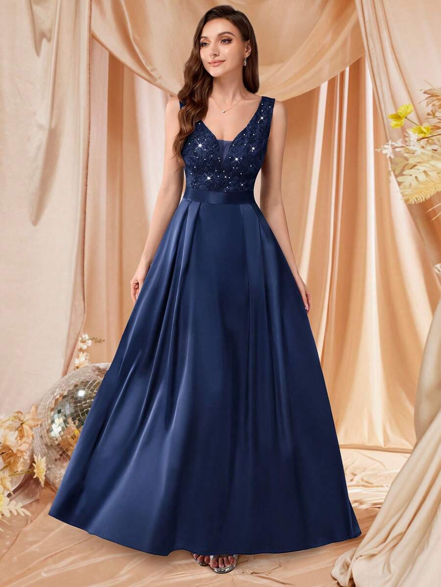 MIUSOL Váy dự tiệc sang trọng bằng vải satin cổ chữ V sâu, ren hoa, không tay, dáng chữ A, váy dự tiệc sang trọng, dự tiệc tốt nghiệp, tiệc tối