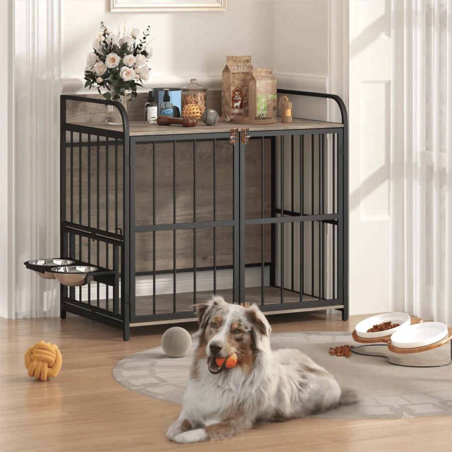 GO 39'' Indoor Metal Dog Crate With Double Doors, Wooden Side End Table Crate, Dog Crate Furniture With Adjustable Feeder Stand, For Medium Dog, Gray - 灰色+實木+狗如圖 - 查看 1
