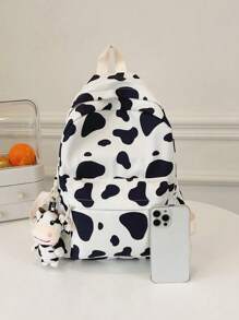 1个经典百搭大容量背包，适合返校季，带笔记本电脑隔层，时尚多功能背包，通体奶牛印花图案，高品质可折叠设计，附赠毛绒奶牛挂件，双拉链，休闲旅行背包，适合毕业生、男士、女士、青少年/青年，也适合户外旅行和青少年使用，另附休闲奶牛印花女士钱包。 - 彩色 - 查看 5