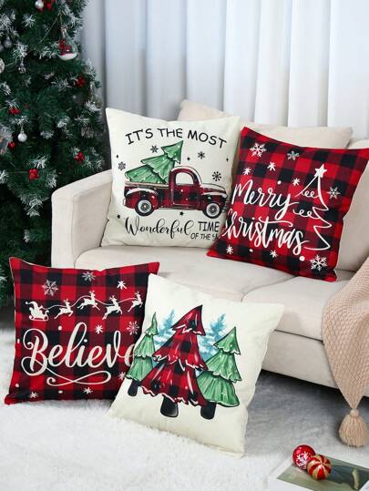 4 件 45*45 厘米圣诞装饰枕套亚麻方形靠垫套，红黑格子圣诞树汽车风格软枕套，适用于圣诞派对家庭房间沙发椅装饰圣诞装饰品，不含枕芯，圣诞节圣诞装饰圣诞装饰品圣诞装饰