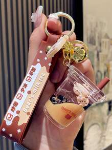 1 件可爱奶茶仿珍珠漂浮液体闪光泰迪熊钥匙扣，包包吊坠友谊送给女朋友汽车配件包包饰品学校哥特 Y2k 圣诞礼物创意包包配件挂绳带身份证夹汽车配件包包饰品 - 彩色 - 查看 2