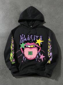 男士厚面料超大长袖连帽衫，带新颖印花，秋冬款