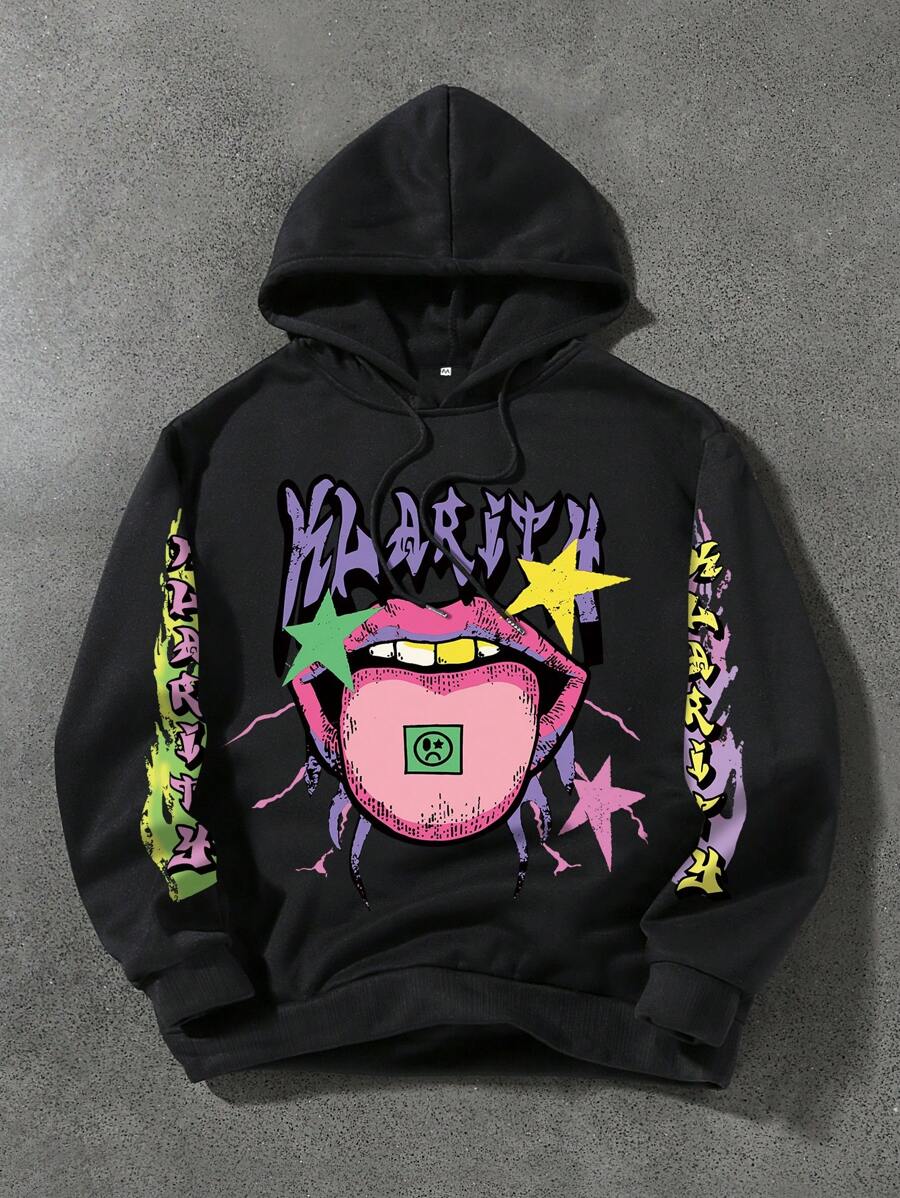 男士厚面料超大长袖连帽衫，带新颖印花，秋冬款