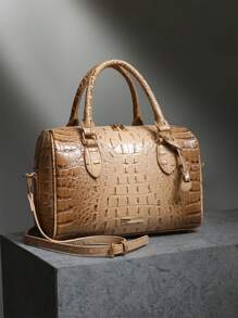 Luxury Crocodile Pattern Handbag, Retro Genuine Purse, Women's Classic Boston Bag & Shoulder Bag - Màu Khaki - Xem 1
