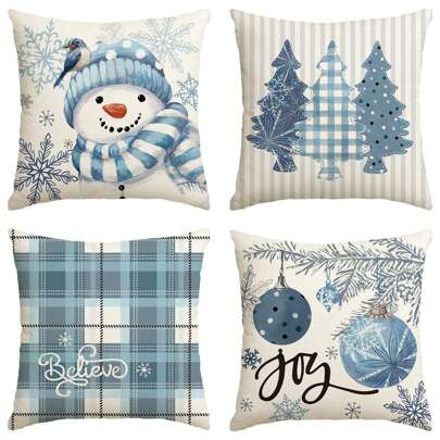4件套节日主题抱枕套，雪人、欢乐、雪花图案、圣诞树、冬季节日、水牛格纹沙发、装饰沙发靠垫、单个不含枕芯、圣诞装饰、家居装饰、房间装饰