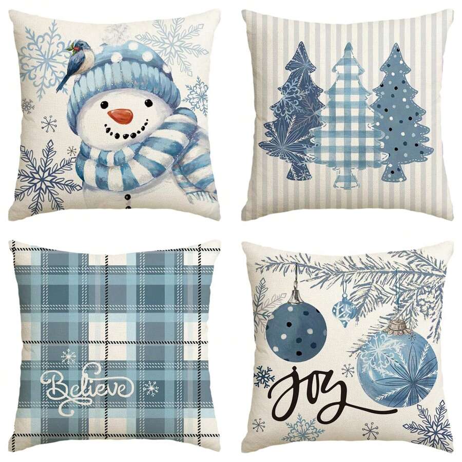 4件套节日主题抱枕套，雪人、欢乐、雪花图案、圣诞树、冬季节日、水牛格纹沙发、装饰沙发靠垫、单个不含枕芯、圣诞装饰、家居装饰、房间装饰