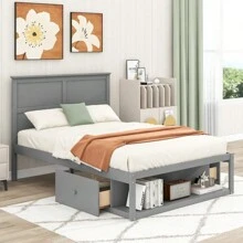 Full Size Platform Bed With Drawer On The Each Side And Shelf On The End Of The Bed, Gray - Gray+Pine as Pic - View 3