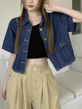 复古港风翻领宽松休闲牛仔短袖外套