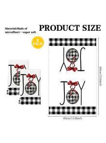 2 件圣诞快乐厨房毛巾水彩黑白水牛格子洗碗巾厨房树装饰球森林干手茶巾 15.7X23.6 英寸 - 黑色 - 查看 2