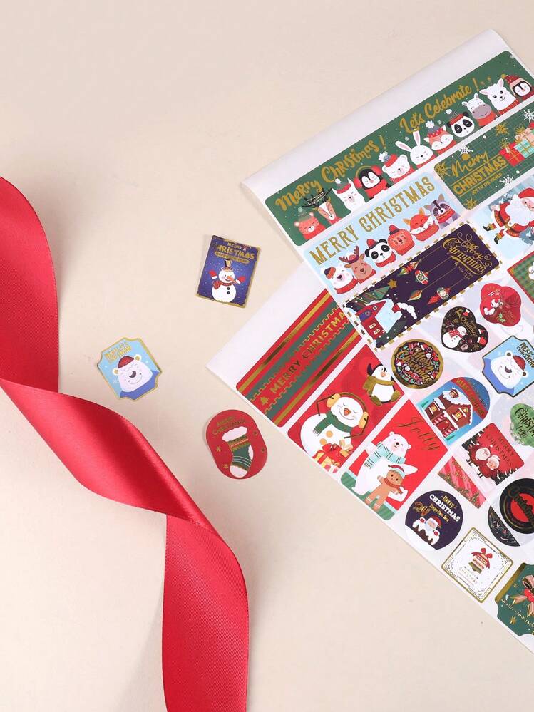 10 件/包，复古圣诞图案贴纸套装 - 用于日记装饰、剪贴簿装饰、工艺品装饰贴纸 - 时尚烫金工艺设计，用于独特的礼品包装和派对装饰贴纸 - 彩色 - 查看 4