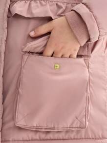 Young Girl Non-Detachable Furry Collar Comfortable Thermal Lined Elastic Cuff Hooded Padded Coat, Water-Resistant, With 2 Spacious Button-Up Pockets - Pink - View 5