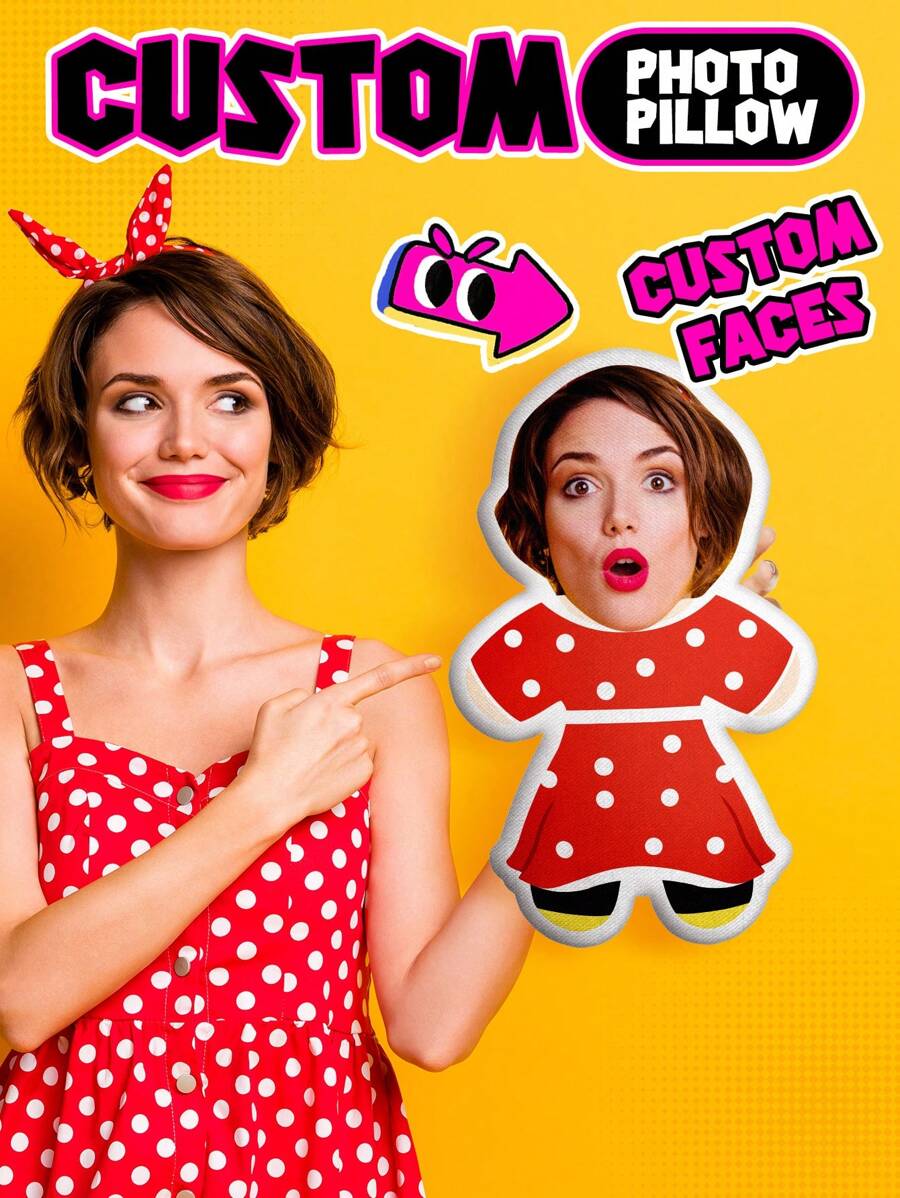 1pc Customized Face Throw Pillow, Suitable For Men And Women, Can Customize Photo Pillow, Mini Photo Pillow, Personalized Body Shaped Pillow, Funny Face Pillow, Customized Asymmetrical Pillow, Customized Photo Pillow, Customized Image Pillow, Customized 3D Portrait Pillow, Face Pillow, Couple Birthday Gift, Wedding Gift, Anniversary Gift, Father's Day Gift, Gift For Her, Gift For Mom, Housewarming Gift For Boyfriend/Girlfriend, Can Be Placed On Sofa, Bed, Car - red skirt - View 1