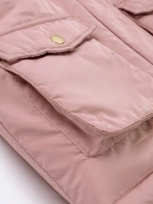 Young Girl Non-Detachable Furry Collar Comfortable Thermal Lined Elastic Cuff Hooded Padded Coat, Water-Resistant, With 2 Spacious Button-Up Pockets - Pink - View 11