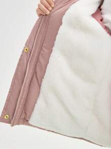 Young Girl Non-Detachable Furry Collar Comfortable Thermal Lined Elastic Cuff Hooded Padded Coat, Water-Resistant, With 2 Spacious Button-Up Pockets - Pink - View 3