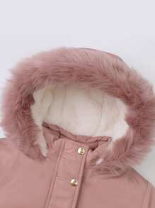 Young Girl Non-Detachable Furry Collar Comfortable Thermal Lined Elastic Cuff Hooded Padded Coat, Water-Resistant, With 2 Spacious Button-Up Pockets - Pink - View 4