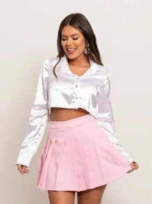 Cropped Satin Button Front Shirt - 白色 - 查看 1