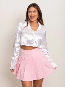 Cropped Satin Button Front Shirt - 白色 - 查看 4