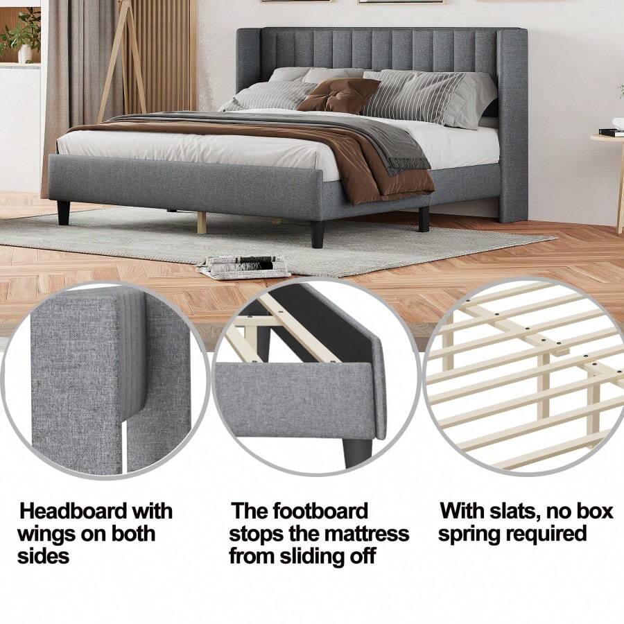 King Size Upholstered Platform Bed Frame With Headboard, Mattress