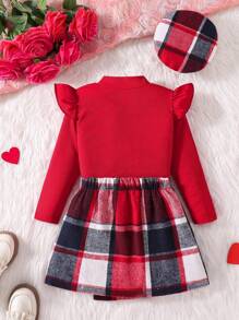 3pcs/Set Young Girl Fashion Elegant Outfits, Autumn/Spring Season: Double-Layer Cap Sleeve Knitted Turtleneck Tops And Plaid Single-Breasted Asymmetrical Hem Skirts And Matching Hats, Young Girl Casual Comfort Soft Matching Sets For School, Children Autumn/Spring Clothing