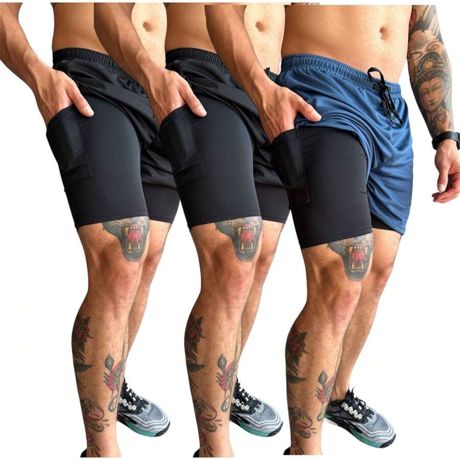 Kit 3 Shorts 2 In 1 Dry Fit Gym Men's Compression With Cell Phone Pocket - Màu xanh lam - Xem 1