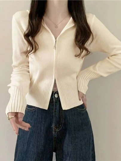 纯色连帽拉链休闲长袖开衫