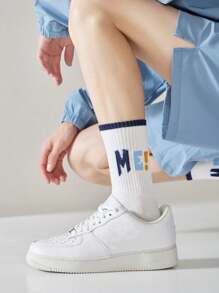 7 Pairs Random Assorted Men's Crew Socks, Striped Fashion Lettering Sports Basketball Socks, Suitable For All Seasons, Best Quality, Regular Thickness, Breathable & Absorbent - Multicolor - View 5