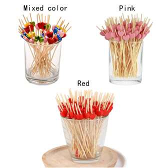 200/100/50/20Pcs Bamboo Heart Shaped Sticks, Fruit Skewers, Cupcake Toppers For Valentine'S Day, Birthday, Wedding, Home, Restaurant, Party, Bar, Picnic Tableware Accessories Christmas Gift,School Supplies