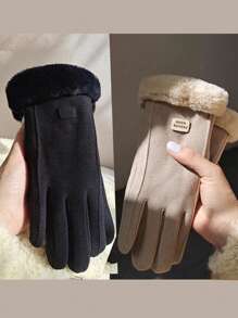 Wool Patchwork Fluffy Five-Finger Warm Thick Minimalist Gloves - Khaki + black - View 11