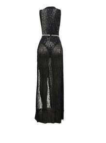 Women's Rhinestone Jumpsuit And High Slit Tassel Dress With Belt 2 Pieces Set - Black - View 7
