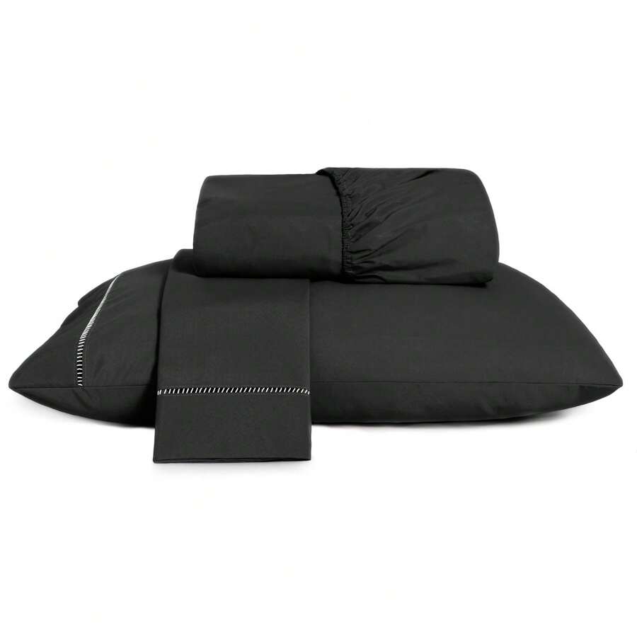 3-Piece Sheet Set 400 Thread Count Queen Size Bed Micropercal Ponto Palito Hotel Soft Touch - Black - View 1