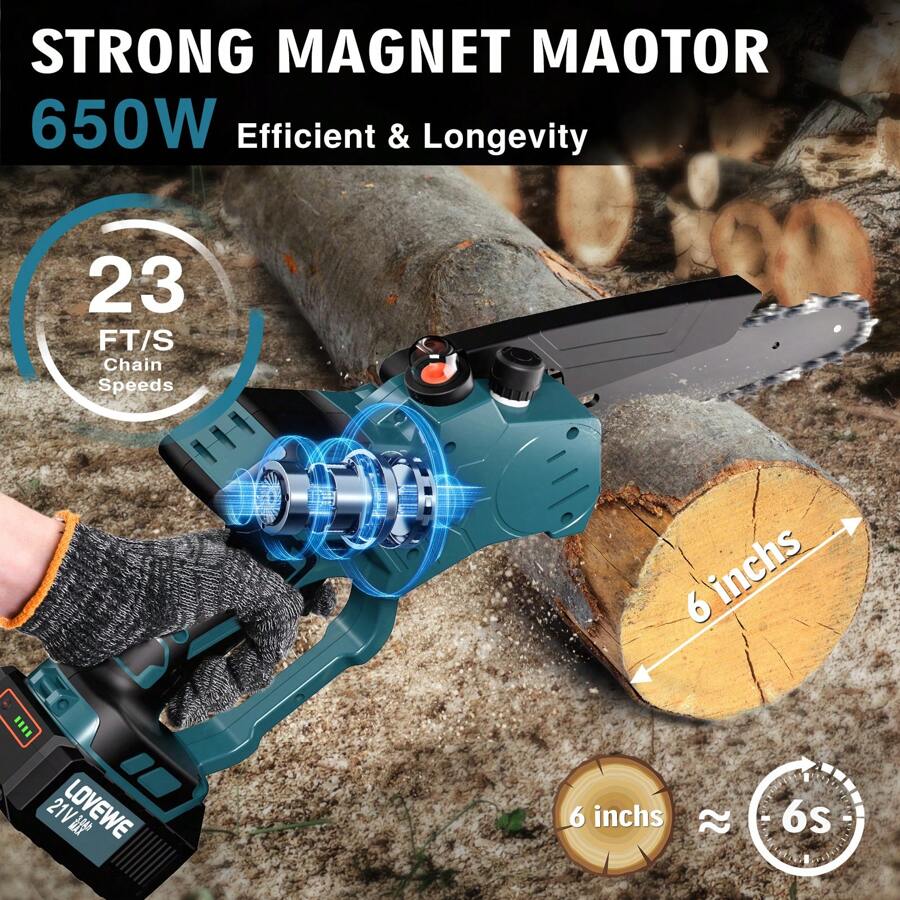 Motosierra mini inalámbrica, motosierra eléctrica manual de 6 pulgadas con batería de 3.0Ah, velocidad de 23 pies/s - Tensado automático de la cadena y lubricación automática para ramas de árboles, patio, hogar y jardín - Azul - Ver 1