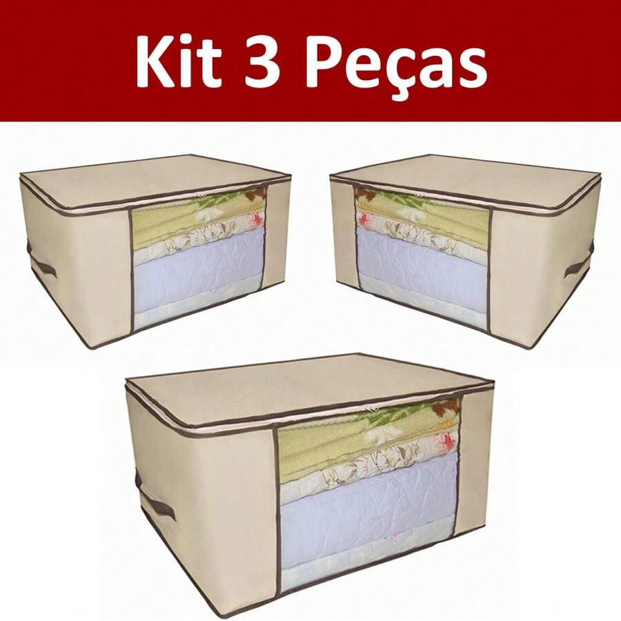 Kit 3 Organizador de Guarda-Roupa Multiuso Caixa Organizadora De Guarda Roupa Flexível Com Zíper 45cm Médio