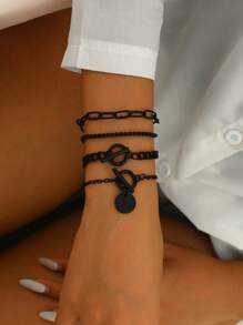 4pcs/Set Punk Metal Style Hollow Chain & Disc Pendant Bracelet (Special Material, Avoid Contact With Water)