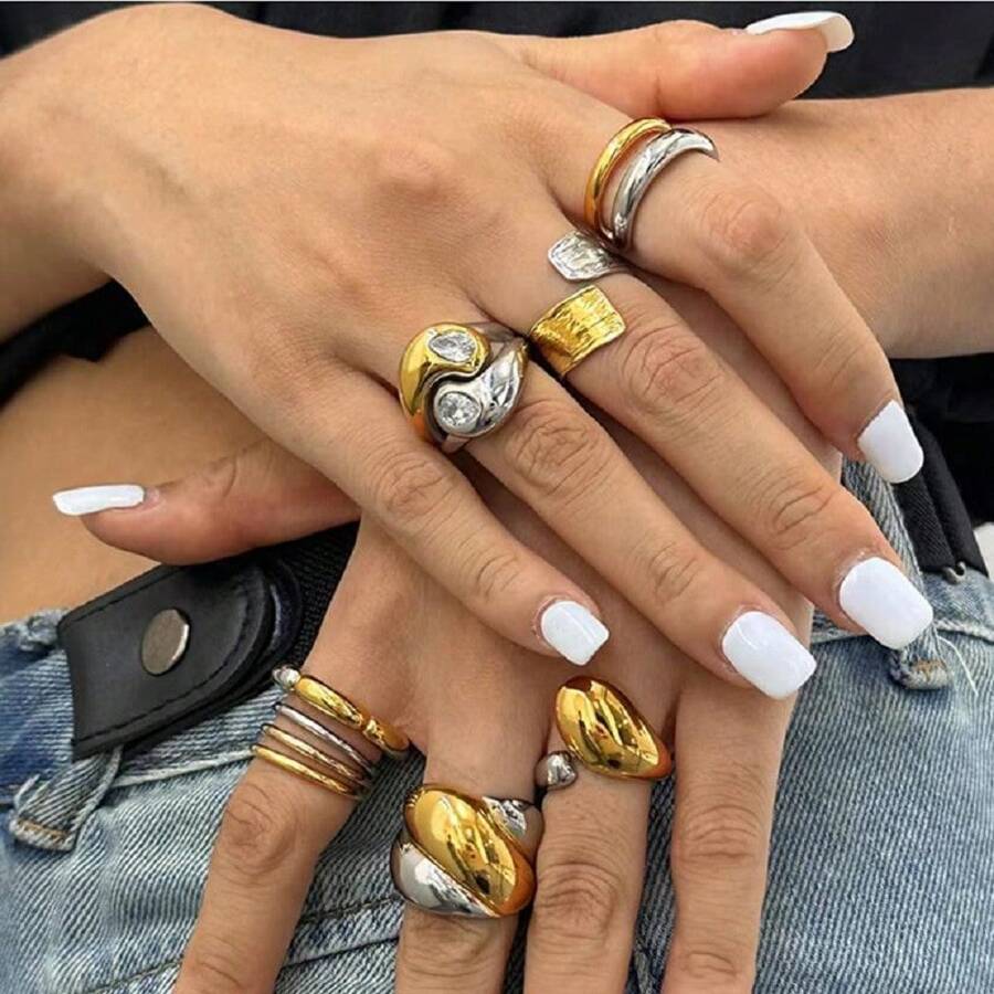 Fashion Mixed Metal Ring For Women Gold Color And Silver Color Two Tone Ring For Stacking Jewelry Gifts - Ring - View 1