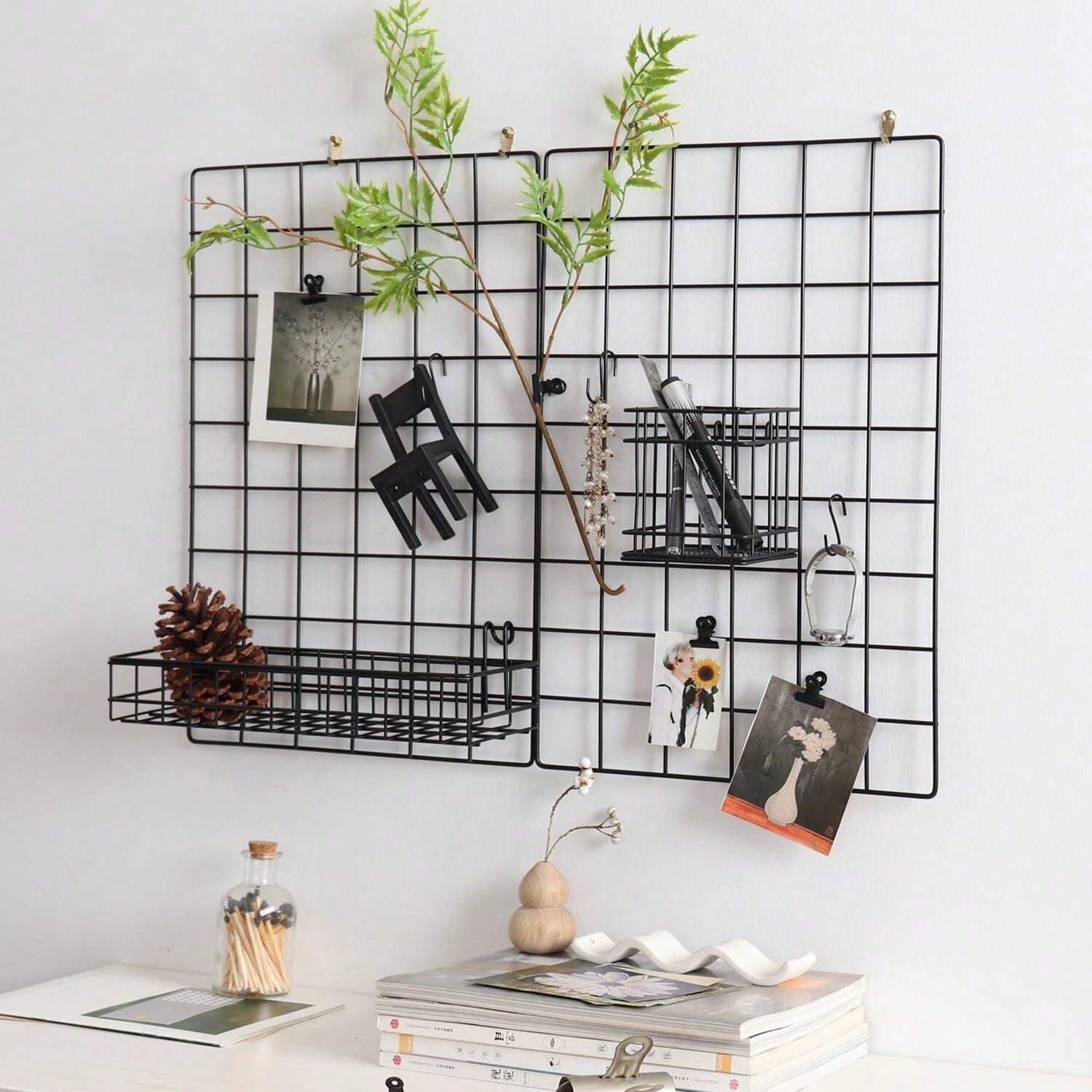 Grilles Murales En Fer Noir GOYADA - Lot De 6 (40x30cm) + Paniers Et Clips - Pour Décoration Photo, Rangement Bureau