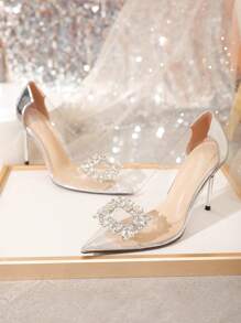 9厘米高跟尖头水晶扣透明银色女鞋，2024年秋季新品 - 銀色 - 查看 5