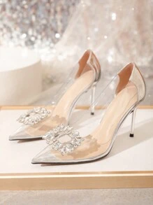 9厘米高跟尖头水晶扣透明银色女鞋，2024年秋季新品 - 銀色 - 查看 4