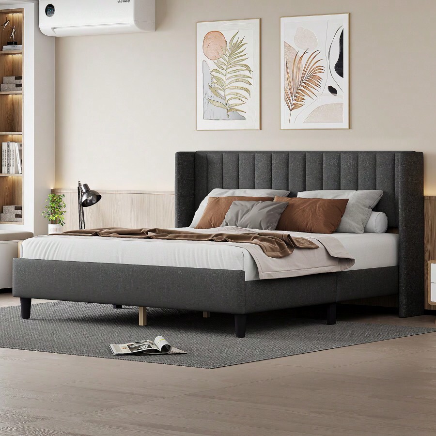 King Size Upholstered Platform Bed Frame With Headboard, Mattress