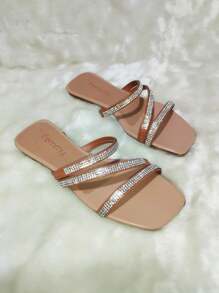 Women's Flat Sandals With Rhinestones, Comfortable And Shiny Flat Sandals - Femmy 060 - Lạc đà - Xem 2
