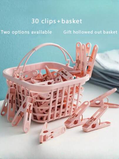 30 个彩色防风夹，带储物篮，迷你夹子适用于晾干衣服、内衣、袜子，适合家庭使用、被子、衣服悬挂、洗衣存储和整理、沙滩装、春季、简约、夏季上衣