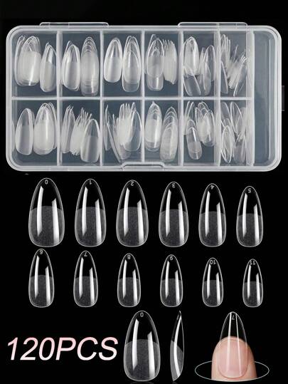 120pcs/Box, 12 Sizes Almond Shaped Semi-Matte & Semi-Transparent Fake Nails, Ready For Customization & DIY Nail Art, Essential For Home & Salon Nail Care For Ladies (120pcs/Box, 120pcs/Bag, 96pcs/Bag, 72pcs/Bag, 24pcs/Bag)