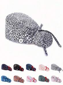 1pc Women's Polyester Cartoon Graffiti Leopard Print Nurse Cap, Rear Hair Cover Design, Tie Up, All-Around Anti-Bacterial And Dust Proof, Suitable For Medical Staff, Veterinarians, Beauty Salons Etc. Halloween - Multicolor - View 6