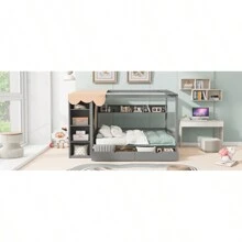 Full Size House Bed With Two Drawers And Wardrobe, Gray - 灰色+實木+全如圖 - 查看 21