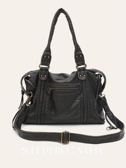 STEPHIECATHY 复古休闲酷炫街头风格柔软刷洗 PU 人造皮革拉链开合拉链口袋编织装饰大容量适合 13 英寸笔记本电脑手提包可调节长肩带斜挎包女士日常大学通勤旅行多功能、Y2k 包、哥特朋克女士包、2000 年代时尚风格女士包