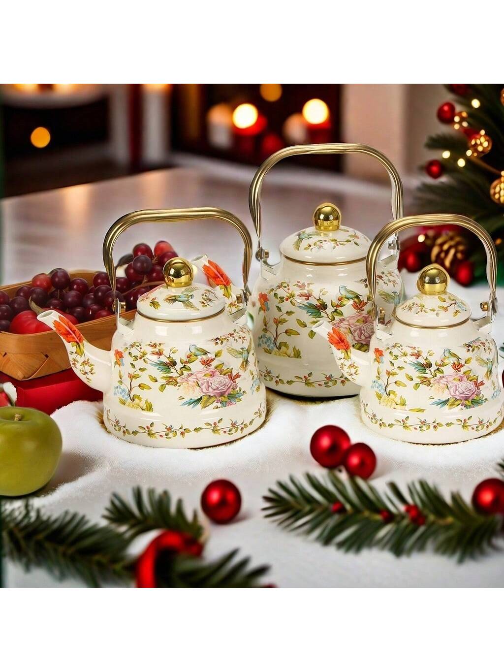 إبريق شاي مطلي بالمينا، بنمط طيور وزهور بطراز رجعي...