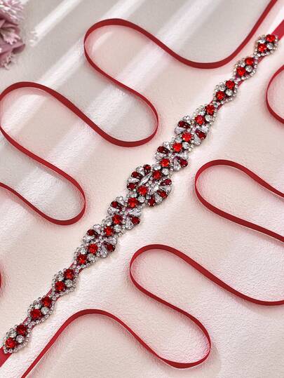 1pc Romantic Wine Red Crystal Bridal Sash, Fashion Waist Decor Suitable For Wedding Dress, Perfect Ladies Accessory, Evening Gown Belt